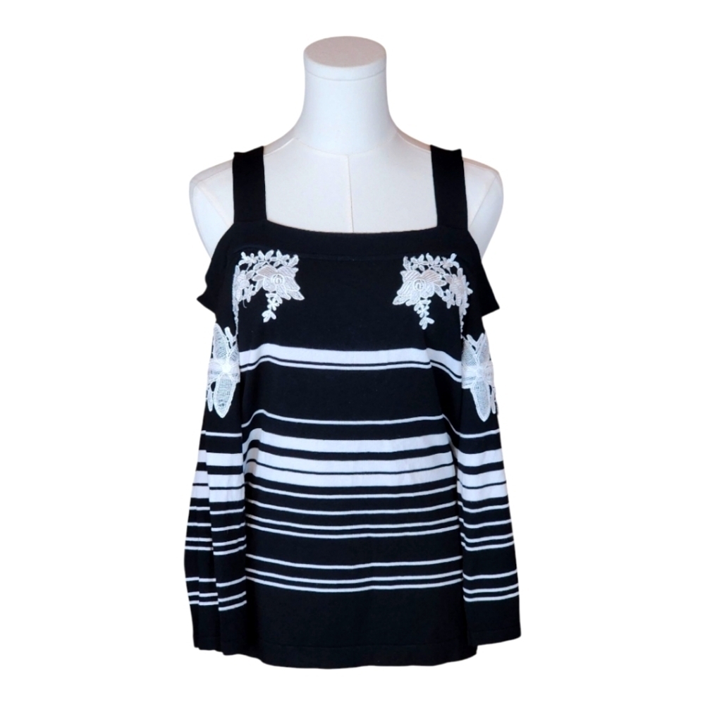 INC Cold Shoulder Striped Knit Top L Black White Lace Appliqué Chic Trendy